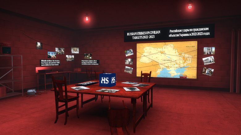 Screenshot of a hidden room in the video game ‘Counter-Strike: Global Offensive.’ Red lights hanging from the ceiling cast a blood-red hue. A table lies in the center with a blue  box showing the logo 