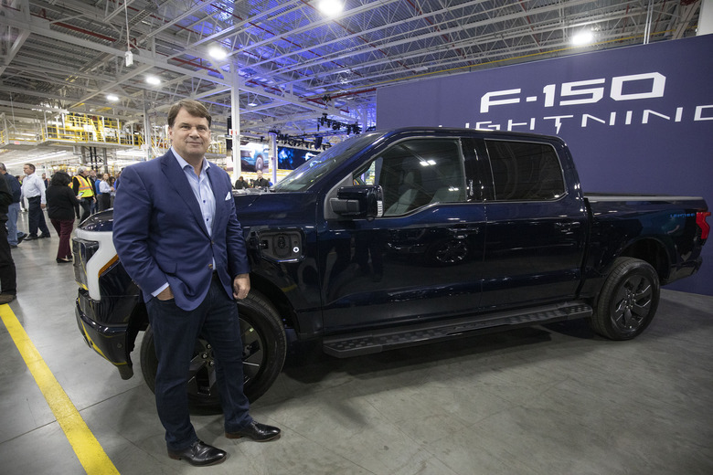 DEARBORN, MI - APRIL 26: Ford CEO Jim Farley poses for a photo at the launch of the all-new electric Ford F-150 Lightning pickup truck at the Ford Rouge Electric Vehicle Center on April 26, 2022 in Dearborn, Michigan. The F-150 Lightning is positioned to be the first full-size all-electric pickup truck to go on sale in the mainstream U.S. market. (Photo by Bill Pugliano/Getty Images)