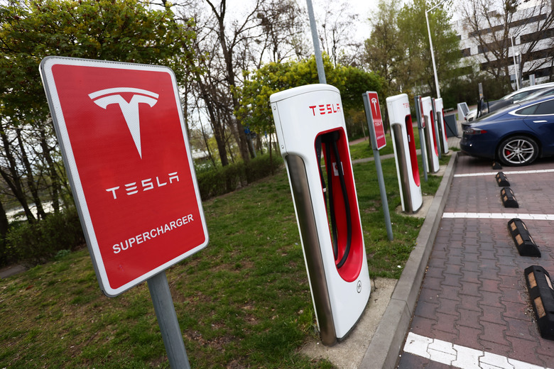 Tesla Supercharger at a gas station in Katowice, Poland on April 24, 2023. (Photo by Jakub Porzycki/NurPhoto via Getty Images)