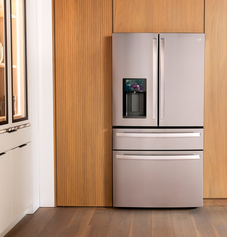 GE Appliances' fridge is stainless steel and has a built-in touchscreen display.