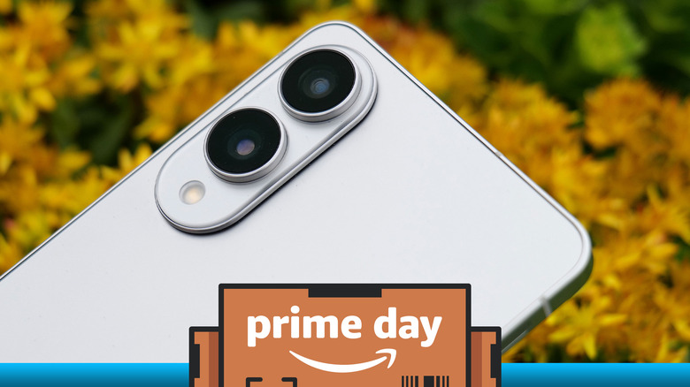 The back of a silver Galaxy S25 Edge with Prime Day text overlayed on it.