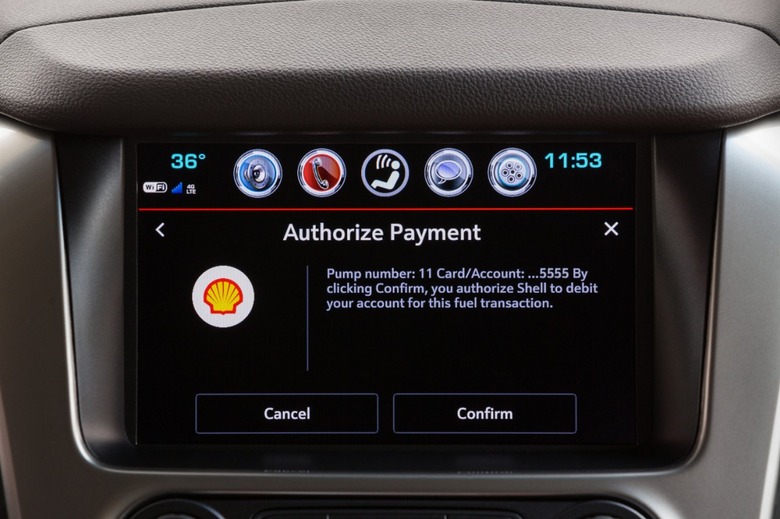 GM's Marketplace dashboard app, showing a payment screen for a gas pump.
