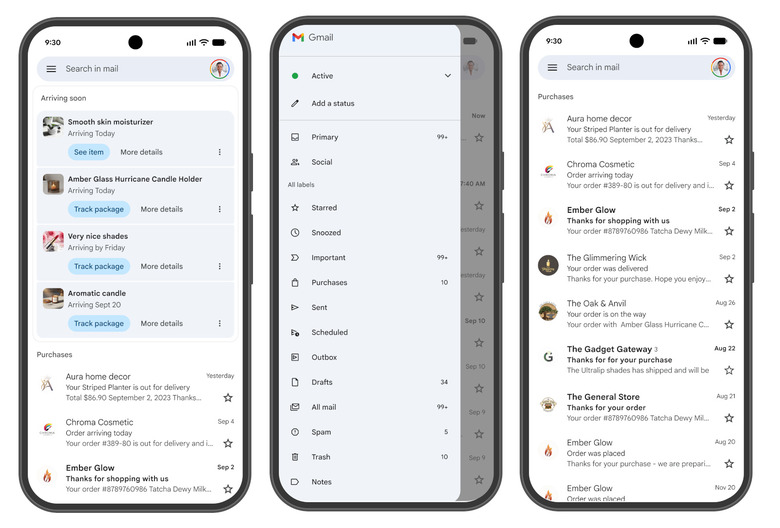 Screenshots showing the Gmail app.