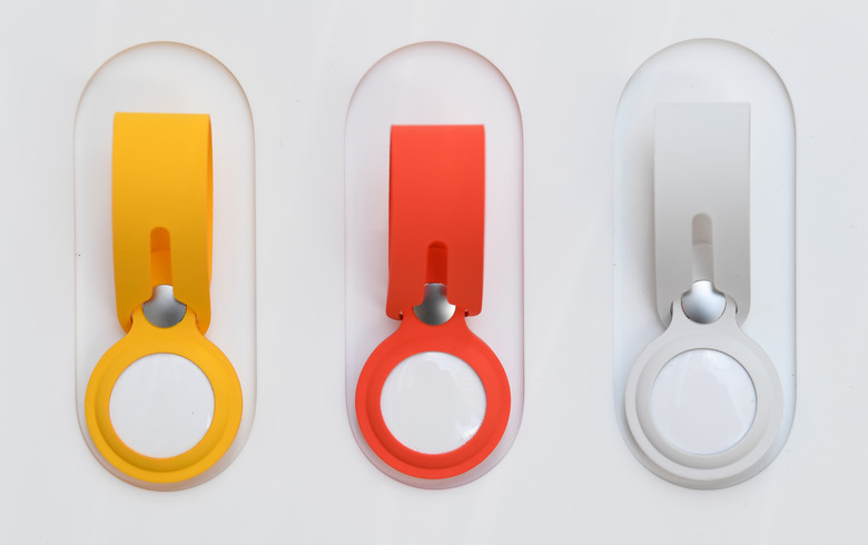 SYDNEY, AUSTRALIA - APRIL 30: Loop accessories for the new AirTags on display at the Apple Store George Street on April 30, 2021 in Sydney, Australia. Apple's latest accessory, the AirTag is a small device that helps people keep track of belongings, using Apple's Find My network to locate lost items like keys, wallet, or a bag. (Photo by James D. Morgan/Getty Images)