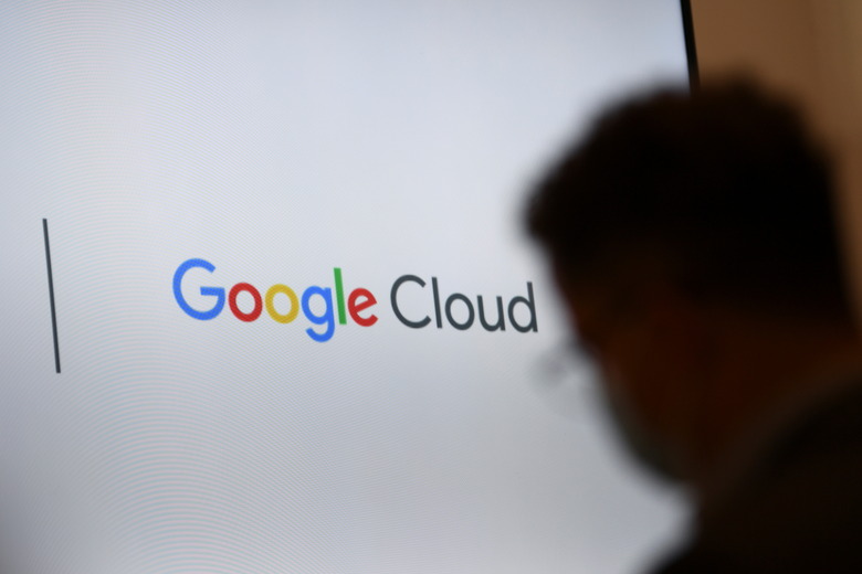 A screen with a Google Cloud logo is pictured during Google's presentation of a detailed investment plan for Germany outside the Google office in Berlin, Germany, August 31, 2021.  REUTERS/Annegret Hilse