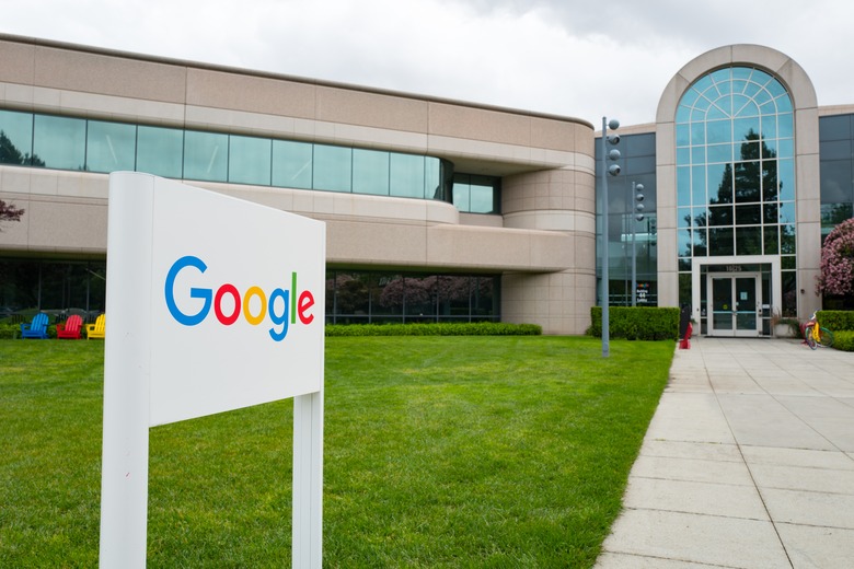 Logo with signage in front of Building 44, which houses employees working on the Android mobile phone operating system, at the Googleplex, headquarters of Google Inc in the Silicon Valley town of Mountain View, California, April 7, 2017. (Photo via Smith Collection/Gado/Getty Images).