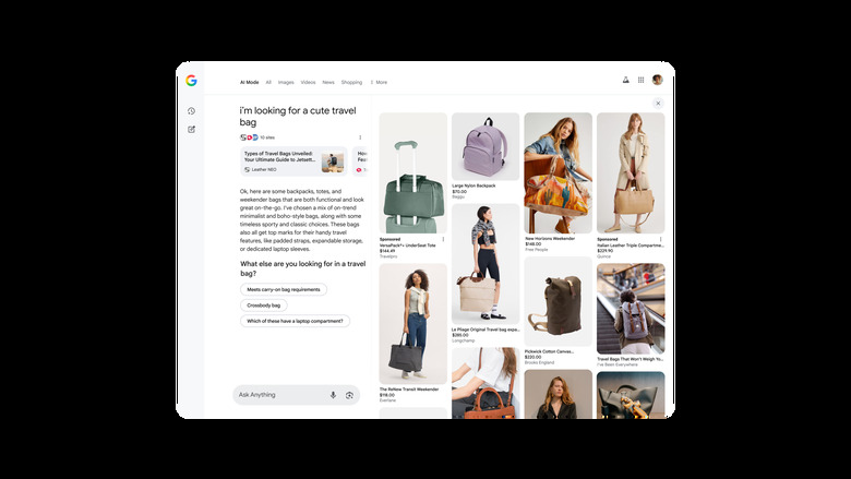 A screenshot of the Shopping interface in AI Mode in Search, showing the results in response to a prompt 