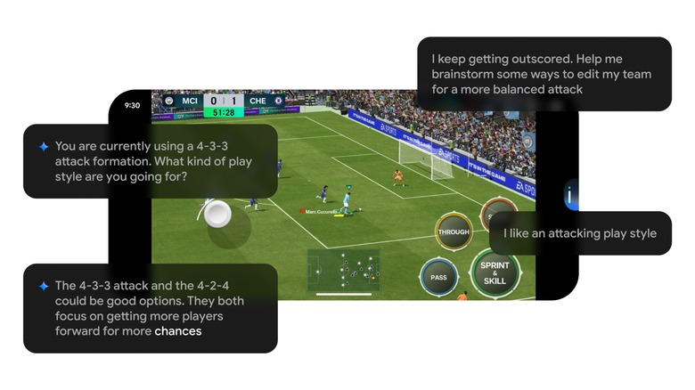 Gemini Live questions and answers overlayed on a mobile soccer game.