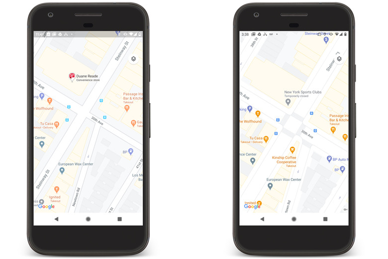 Old (left) and updated (right) streets in Google Maps.