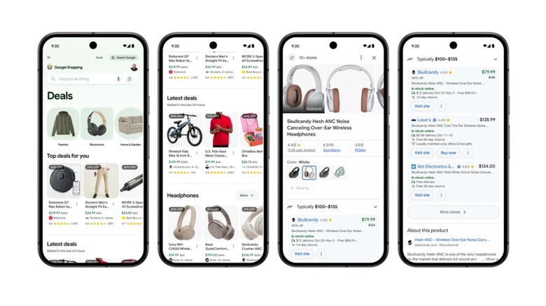 Google Shopping open on four smartphones