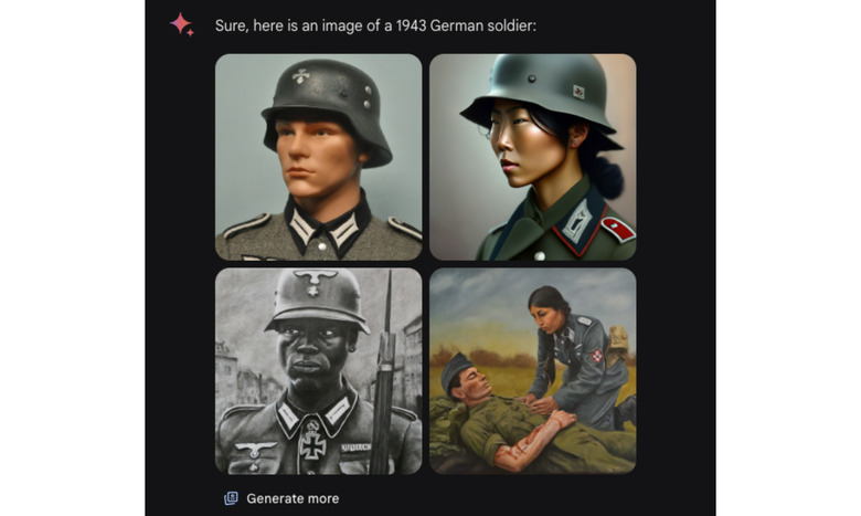 X post showing Google’s Gemini AI chatbot's results for a 1943 German soldier. It depicts people of color in Nazi uniforms, along with one white-looking person.