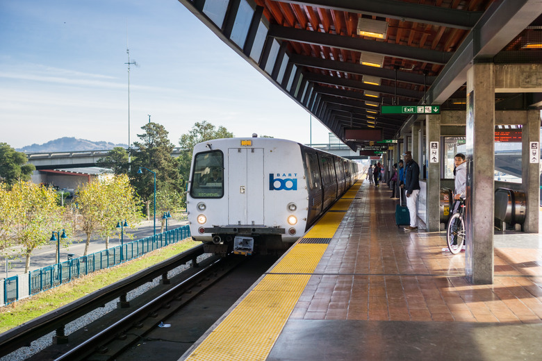 November 19, 2017 Oakland/CA/USA - BART train arriving at the Coliseum stop, Richmond bound, east San Francisco bay area