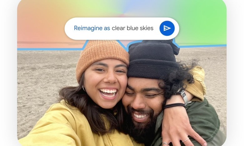 Two people hugging on a beach. An outline of the sky behind them is highlighted. A prompt box reads, 