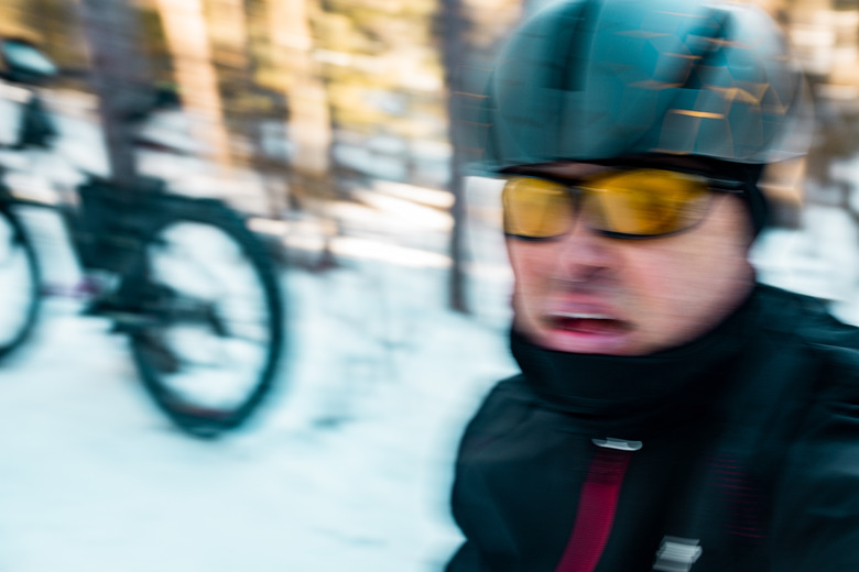 Selfie of Mature man fat biking in winter. Outdoor winter exterior in nature.