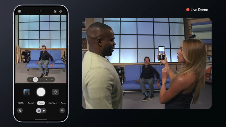 Alex is using the Pixel's Camera Coach feature to snap a photo of Jimmy.