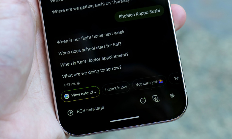 You can see that Magic Cue can't answer every question and doesn't work for events more than 10 days out, but when it does you'll see little rainbow buttons pop up with pertinent info or links to helpful apps.