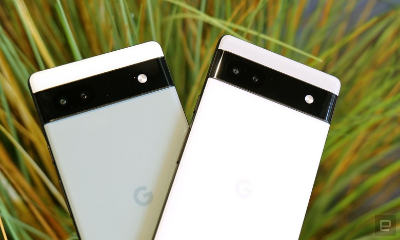 The sage and white Pixel 6a in front of a green plant.