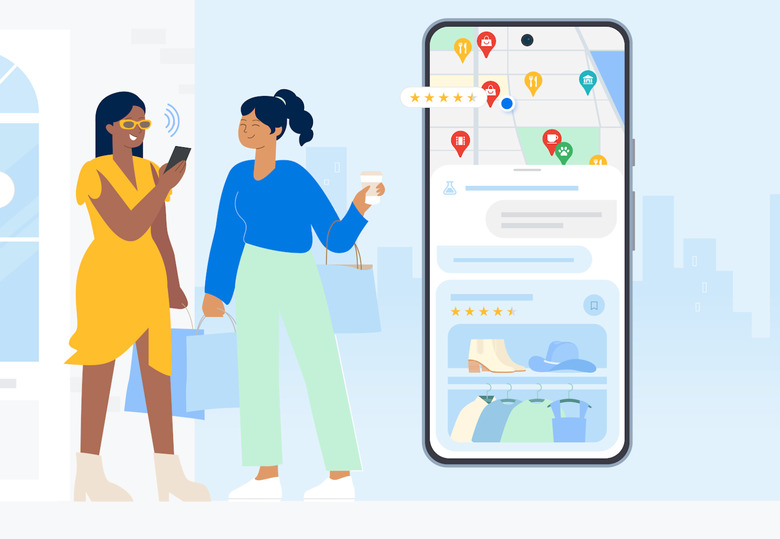 A cartoon image showing two ladies interacting with new AI features on Maps. 