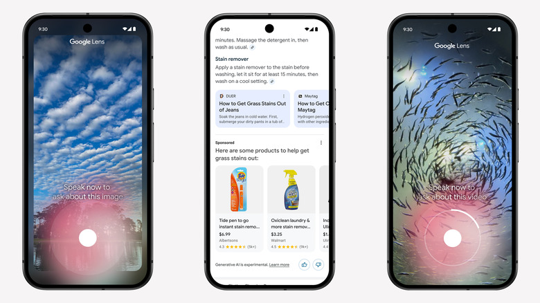 left to right: Google Lens speak to search, ads in AI Overviews, Lens video search