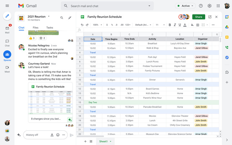 An image showing Spaces in Google Chat. A column takes up the left third of the screen, showing a conversation between teammates. The remaining two thirds of the screen shows a Google spreadsheet titled Family Reunion Schedule.