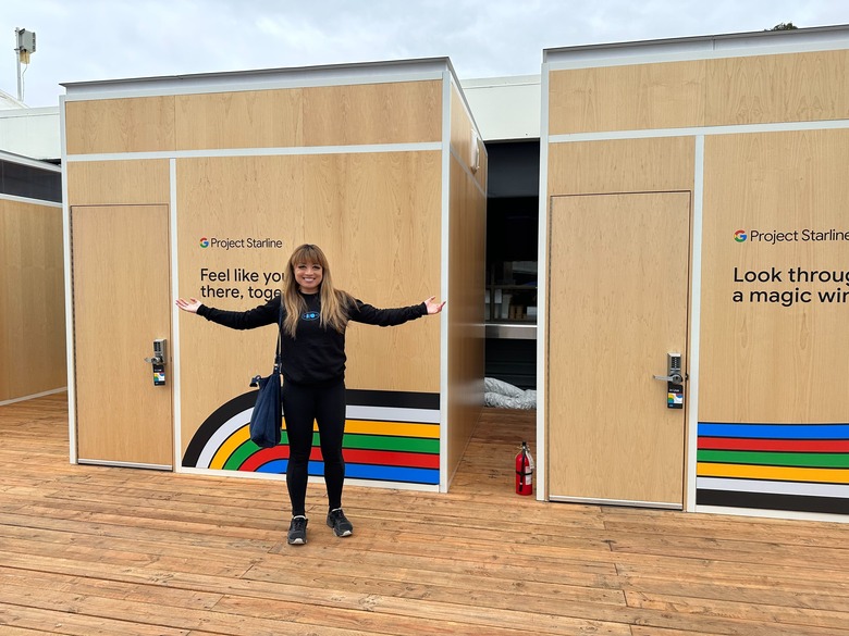 Cherlynn standing out front of the closed demo booths .