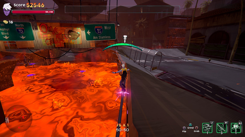 A skateboarder grinds on a pail above a pit of lava.