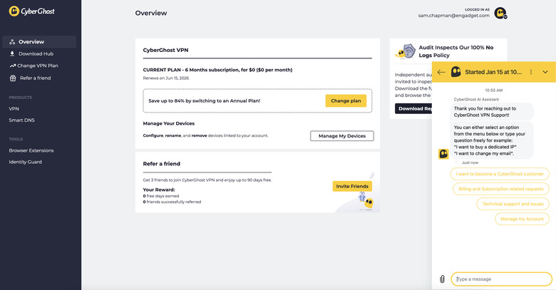 Start a live chat conversation by clicking the live chat button at the bottom-right of any screen on CyberGhost's website.