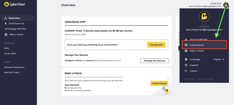 Click the logo at top-right, then click Subscriptions to manage auto-renewal.