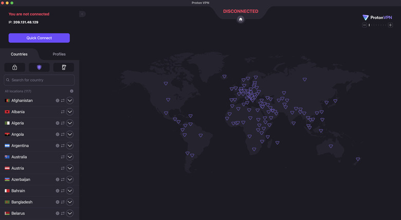 The main UI for Proton VPN, with the connection button visible at top-left and the server location menu below it.