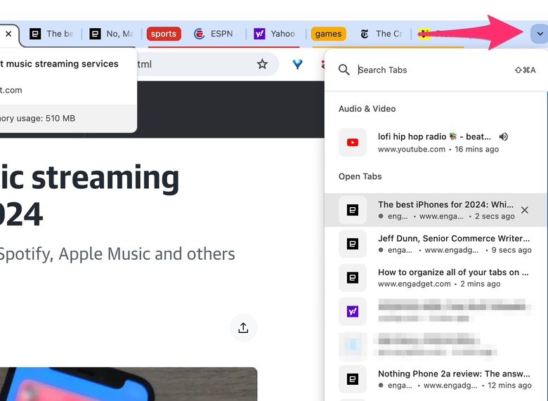Clicking this icon in your Google Chrome window will let you quickly search through your open tabs.