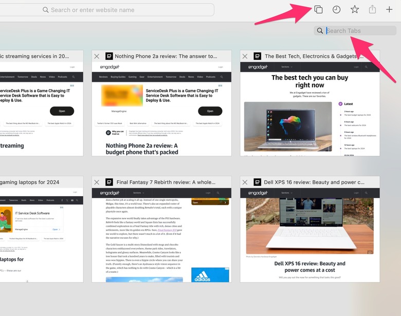 You can search through your open tabs in Safari from the tab overview screen.