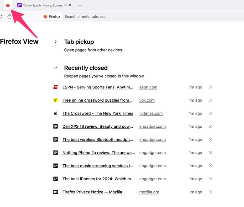 The Firefox View tab displays recently closed pages in addition to tabs you may have active on other devices.