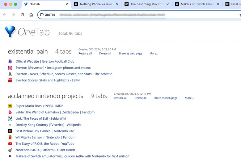 The browser extension OneTab quickly collapses your open tabs, sorts them into an orderly list and makes them easily shareable.