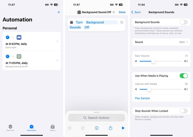To enable an Automation that turns off Background noises (left) first, create a Shortcut that turns Background Sounds Off (middle). You can change which background sound you want in Settings > Accessiblity > Audio & Visual (right).