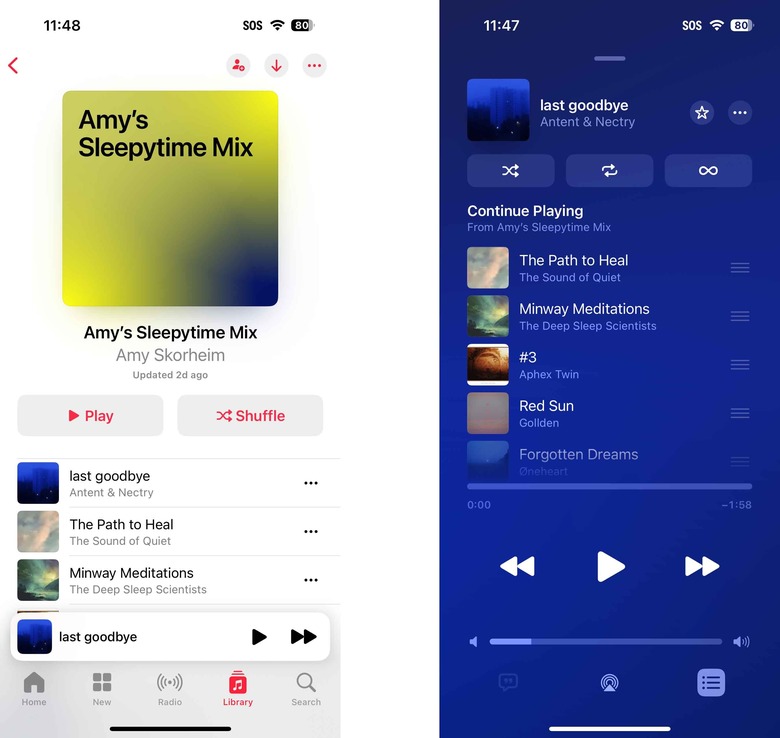 Tap the song that's currently playing to access the Autoplay option (left). Tap the infinity symbol at the top of the screen to toggle Autoplay off (right).