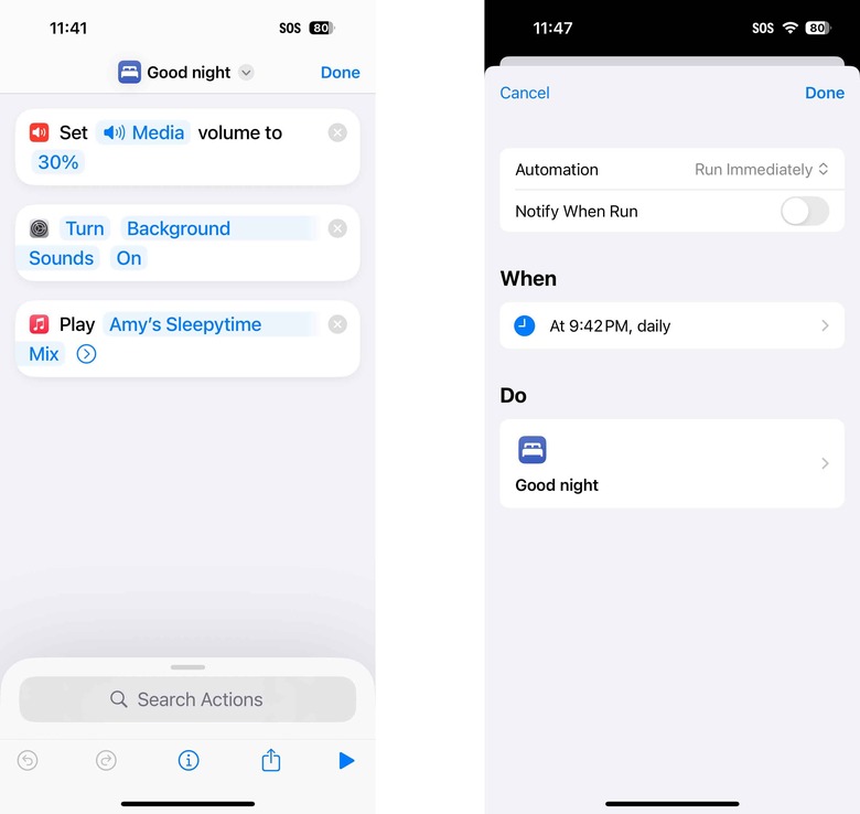 Create a Shortcut that sets the volume, turns on white noise and plays a playlist (left). Set an Automation that automatically runs the Shortcut at bedtime (right), or just say 