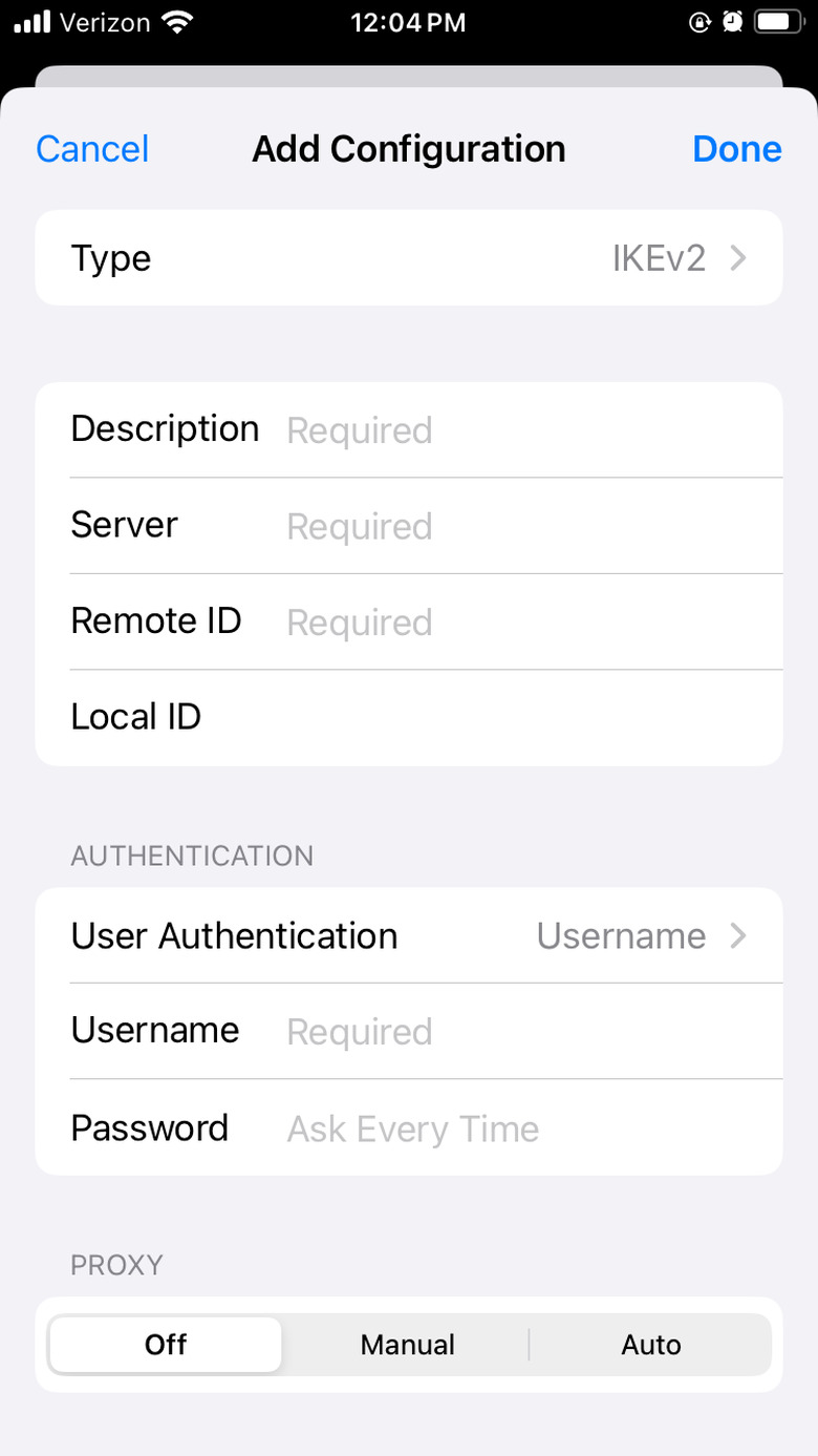 Manually setting up a VPN connection on iOS.
