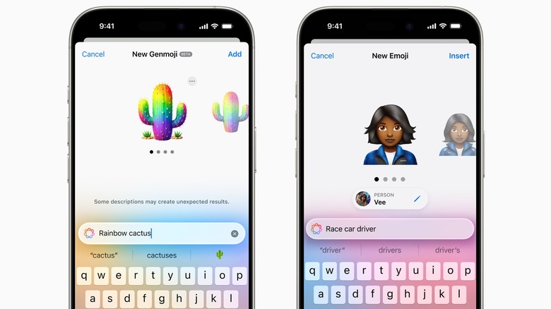 Two iPhones with the Genmoji generator open. On left, a Rainbow cactus emoji is displayed over the prompt 