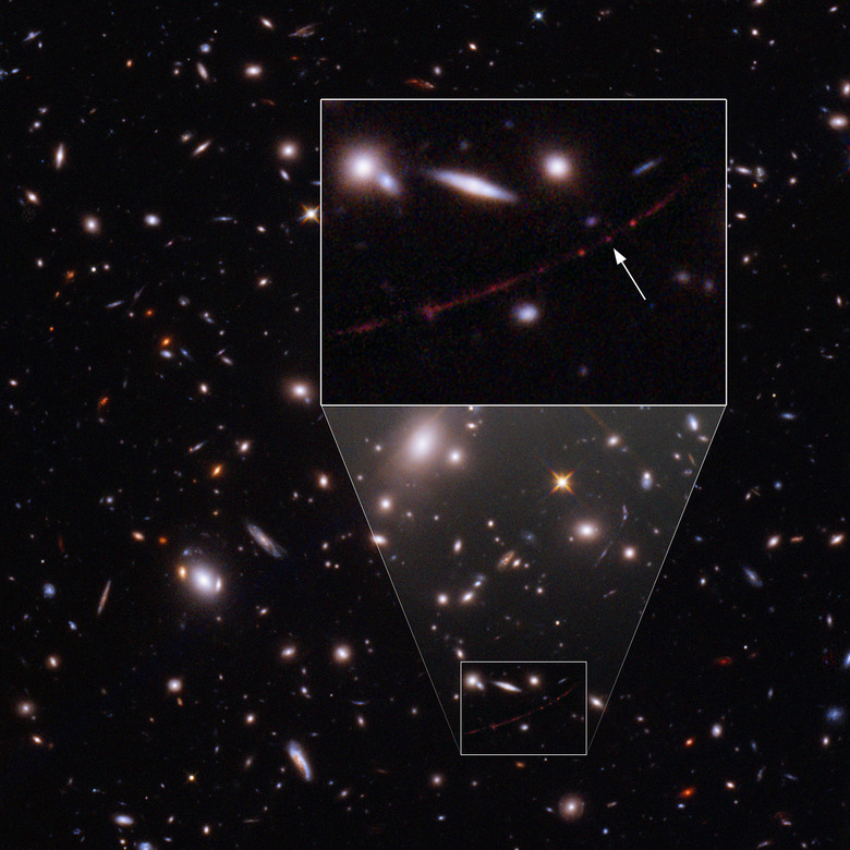 The ancient star Earendel capured in a composite of exposures from the Hubble Space Telescope.