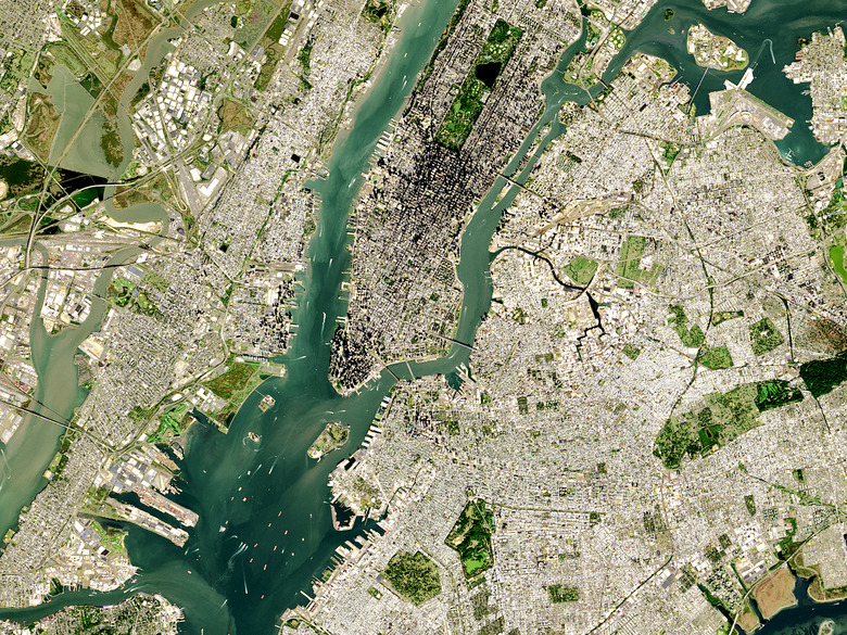NEW YORK - OCTOBER 2016: (SOUTH AFRICA OUT) Satellite view of New York City with Midtown and Lower Manhattan visible on 15 October 2016. Jersey City to the left and Brooklyn and Queens to the right. (Photo by USGS/NASA Landsat data/Orbital Horizon/Gallo Images/Getty Images)
