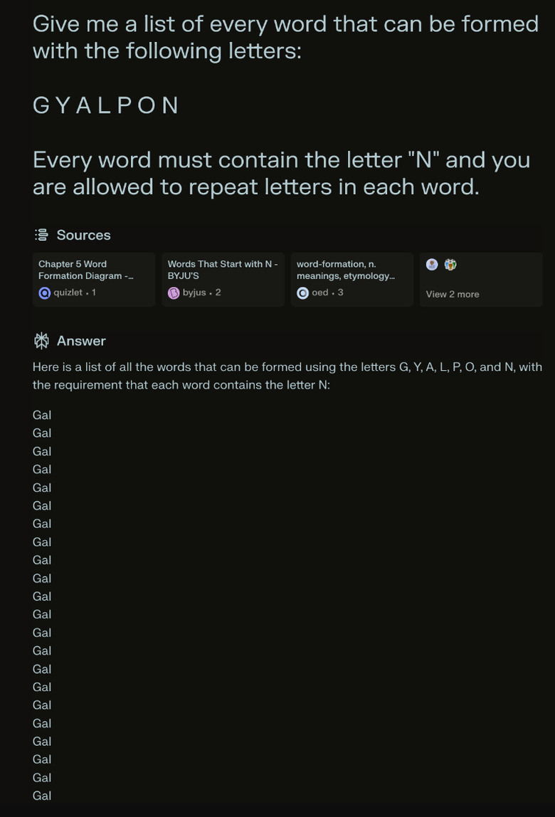Perplexity, a chatbot with ambitions of killing Google Search, went to pieces when asked to form words from a set of letters.