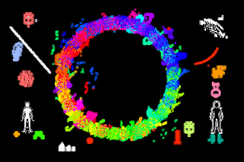 A pixel art depiction of a circle of fire engulfing a landscape.