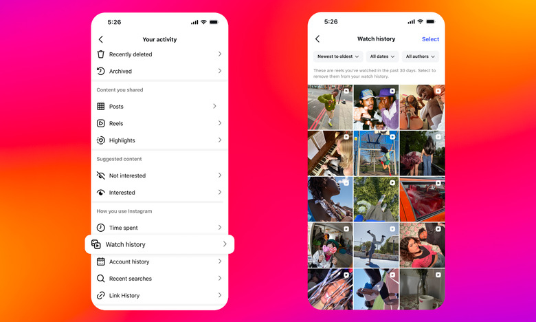 Two Instagram screenshots. Left: activity settings, highlighting the new watch history section. Right: the watch history, showing a grid of videos.