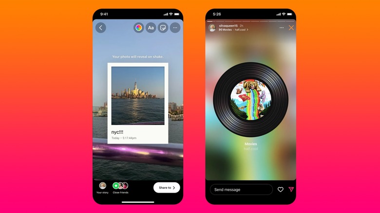 Two screenshots of making an Instagram Story and sharing music on your Stories on a red and orange gradient background.