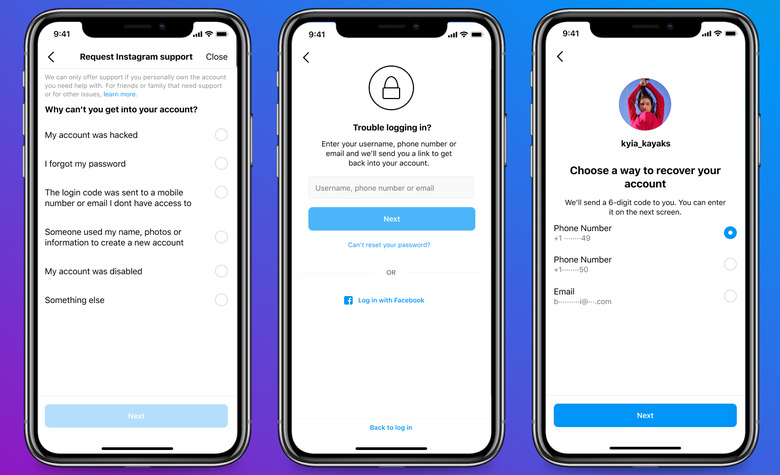 Instagram account recovery tool screenshots
