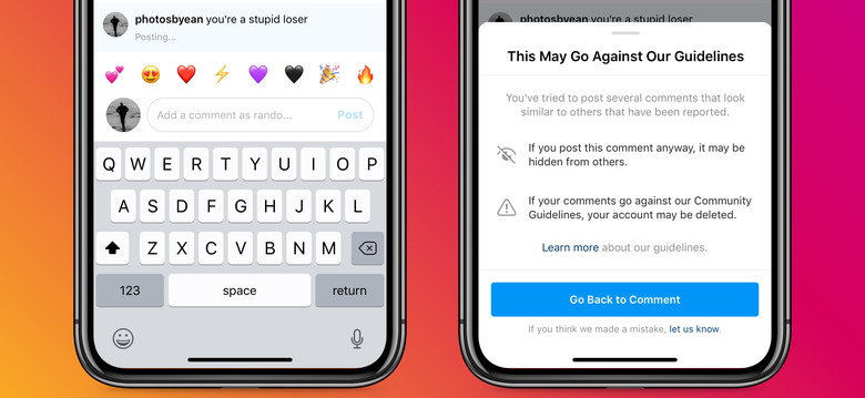 The Instagram app will remind users of the potential consequences when they make mean comments.