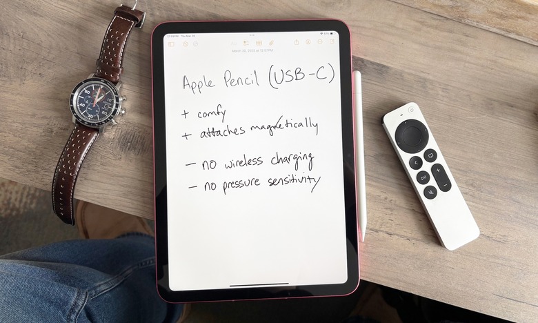 The USB-C Pencil can attach magnetically but lacks wireless charging and pressure sensitivity, so it's not a great choice for more involved work.