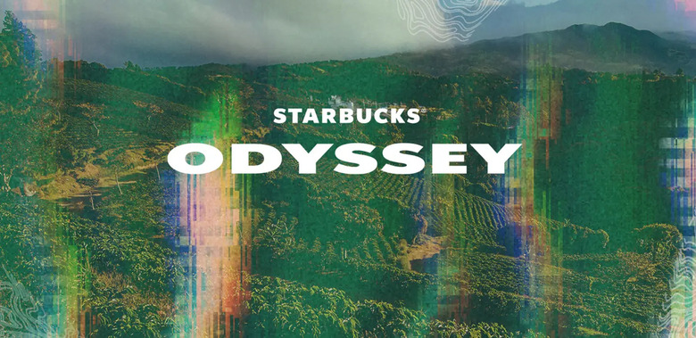 Starbucks Odyssey written over an image of a mountainous landscape with prismatic colors overlaid
