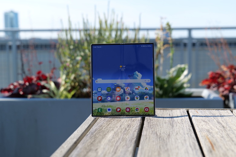 Samsung Galaxy Fold 6 open on a table outside. 