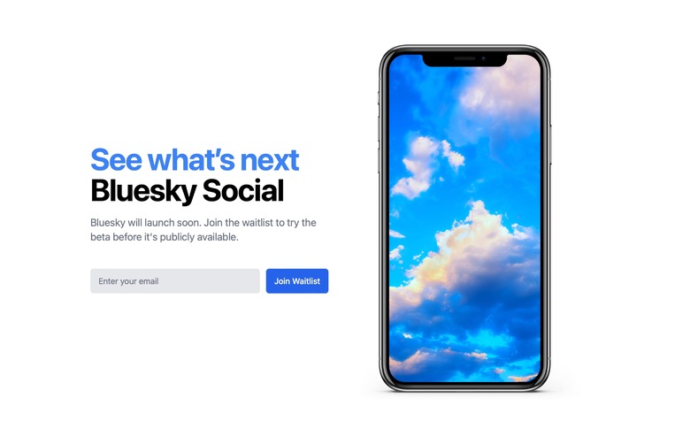 Screenshot of the landing page for Bluesky, a “decentralized” Twitter alternative from Jack Dorsey.